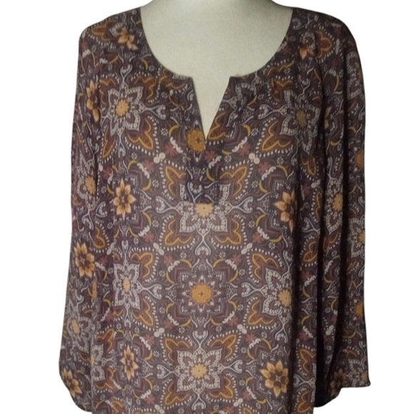 Ryllace Floral Silk Tunic Dress Split V Neck 3/4 Sleeve Red Tan Size 16 - Picture 4 of 9